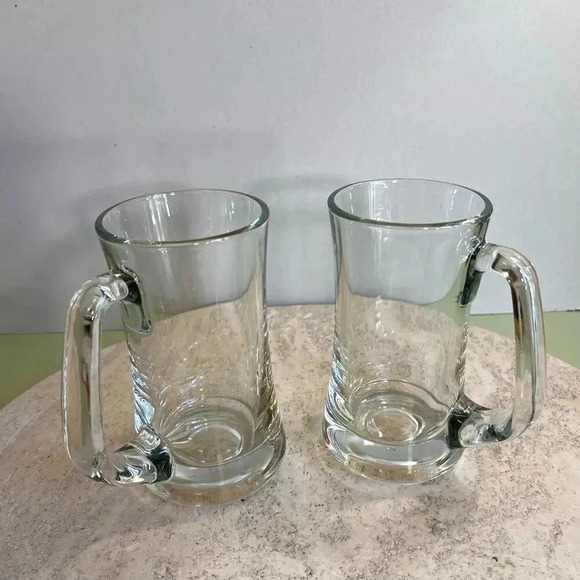 Set of 2 Clear Glass Beer Mugs Steins with Handles Heavy 6.5 Inches Tall - Picture 1 of 10